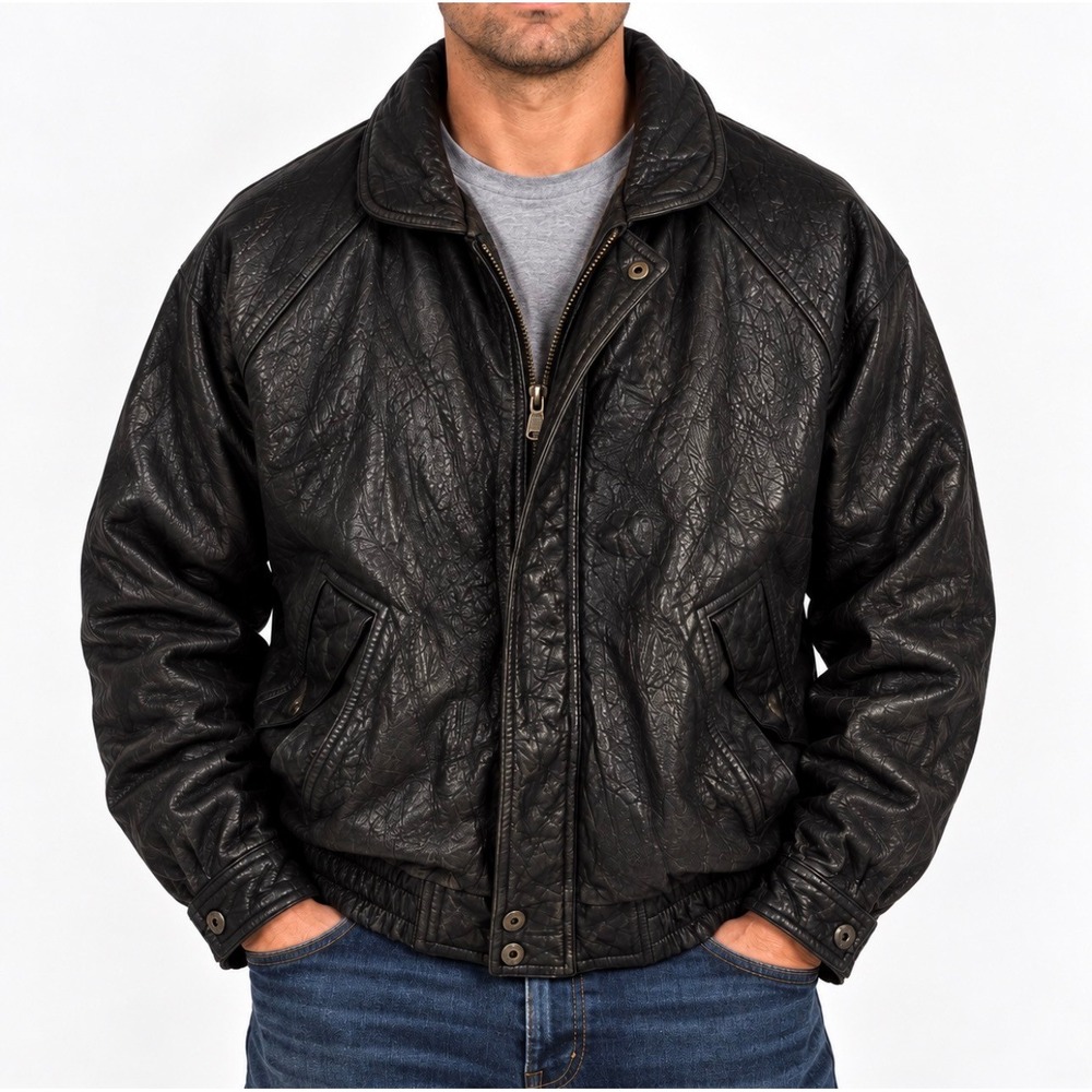 Pierre Cardin Leather Bomber Jacket XL Brown Good Vintage Aviator Zip Quilt Coat